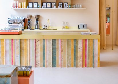 A bar lined with colourful onyx stone