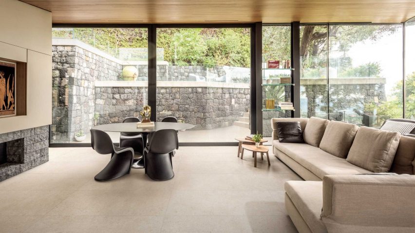 Living and dining room with tiled floor