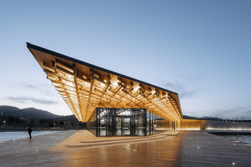 The building has an angular design