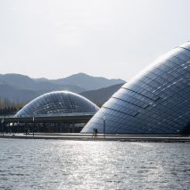 Domed greenhouses were built by an artificial lake