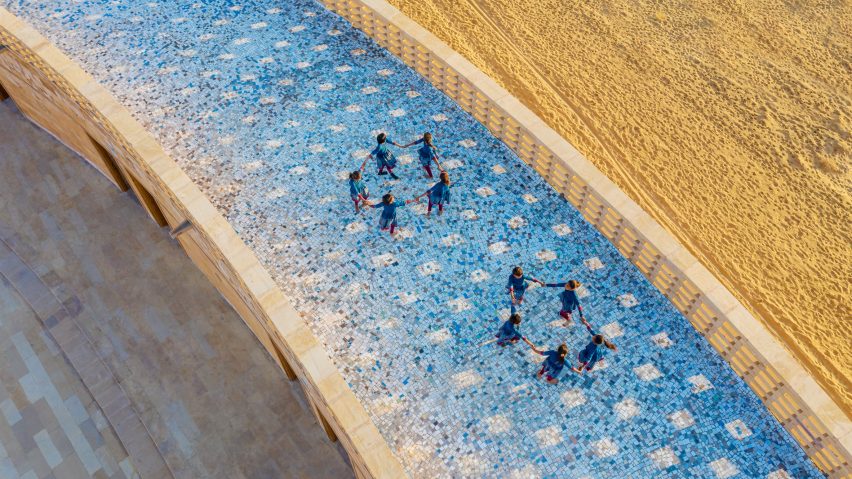 The roof has a blue mosaic floor