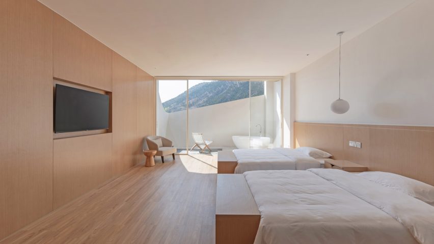 Wood panelled walls line the bedrooms