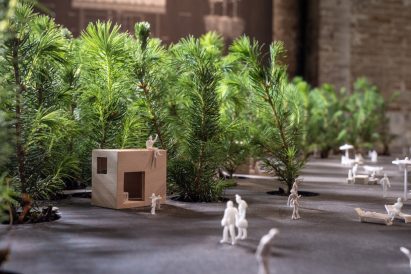 Close up of architectural models and seedlings in Venice