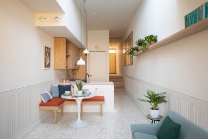 An open-plan kitchen and dining room