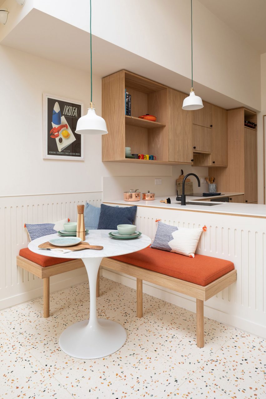 A kitchen with a terrazzo floor