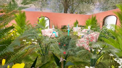 In Bloom room overgrown with plants in virtual Roblox exhibition