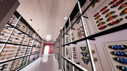 Gucci sunglasses and butterflies displayed in virtual Roblox exhibition