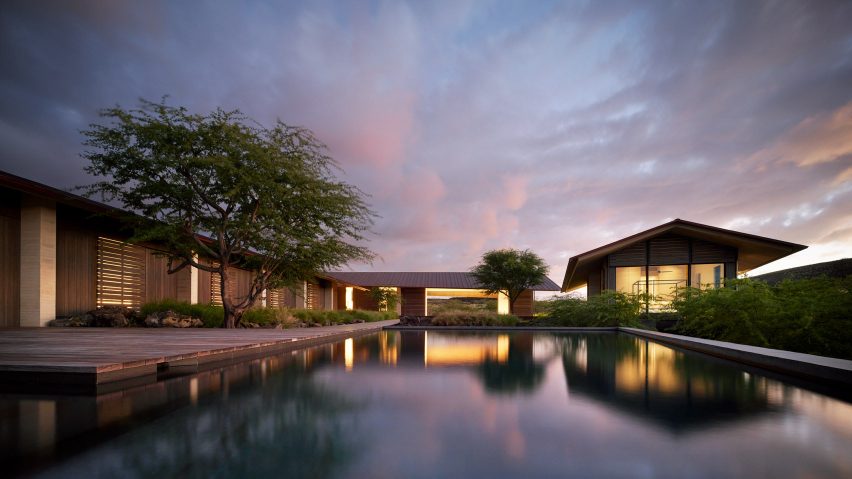 Sunset behind Hale Mau-u house and pool