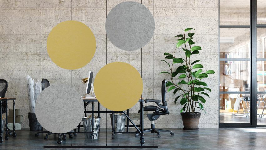 Grey and yellow acoustic room divider by Jeffrey Ibanez for Impact Acoustic
