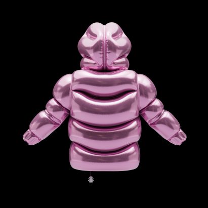 Backside of inflatable floating puffer in pink by Andrew Kostman