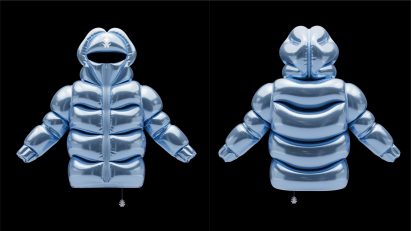 Front and back view of inflatable floating jacket in blue by Andrew Kostman