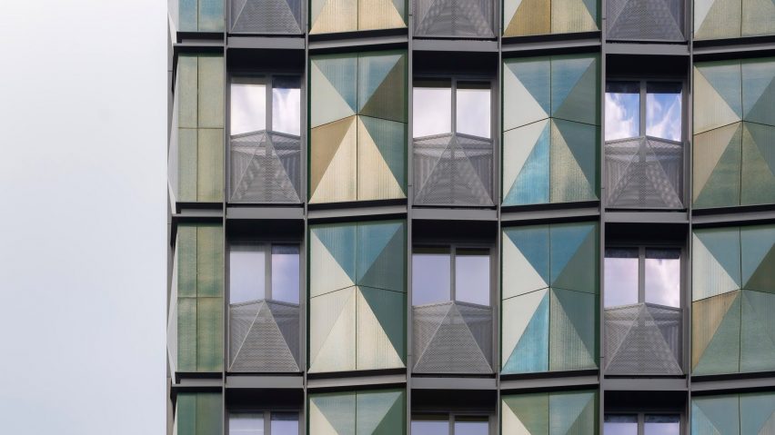 Terracotta panels cover the facade