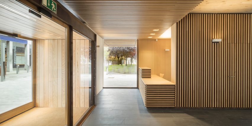 The foyer has a wood interior