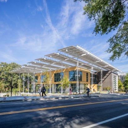 The Kendeda Building has a large white canopy