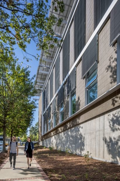 Concrete and steel form the exterior cladding