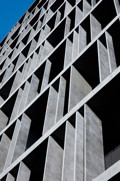 The exterior of Kannai Blade Residence is dark grey