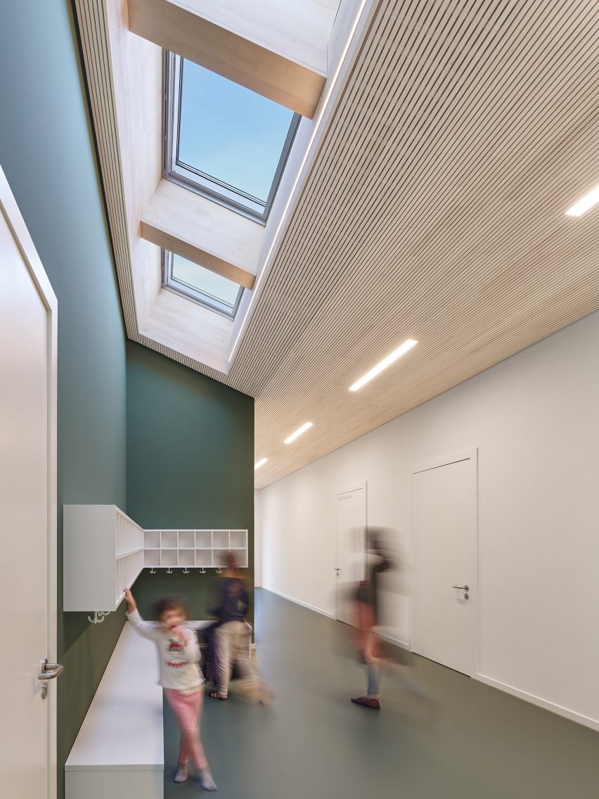 Pale wood covers the ceiling
