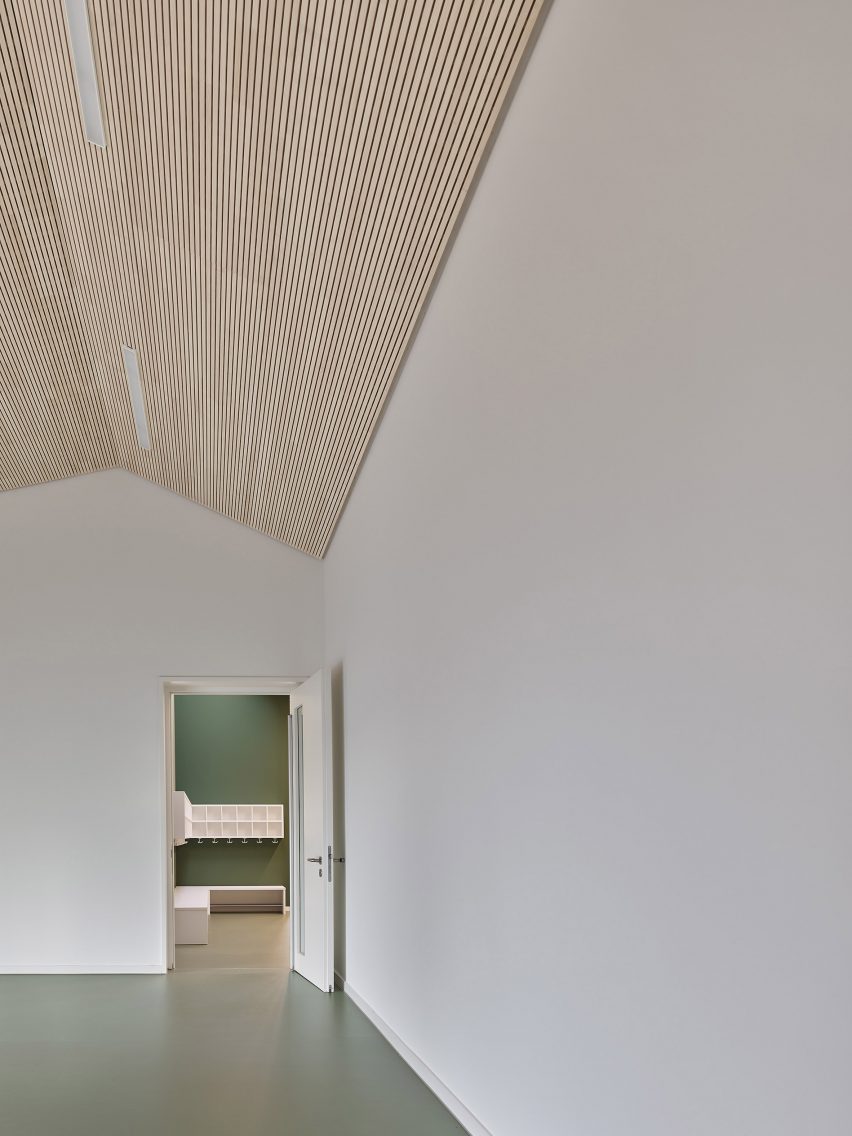 A classroom has a pitched roof