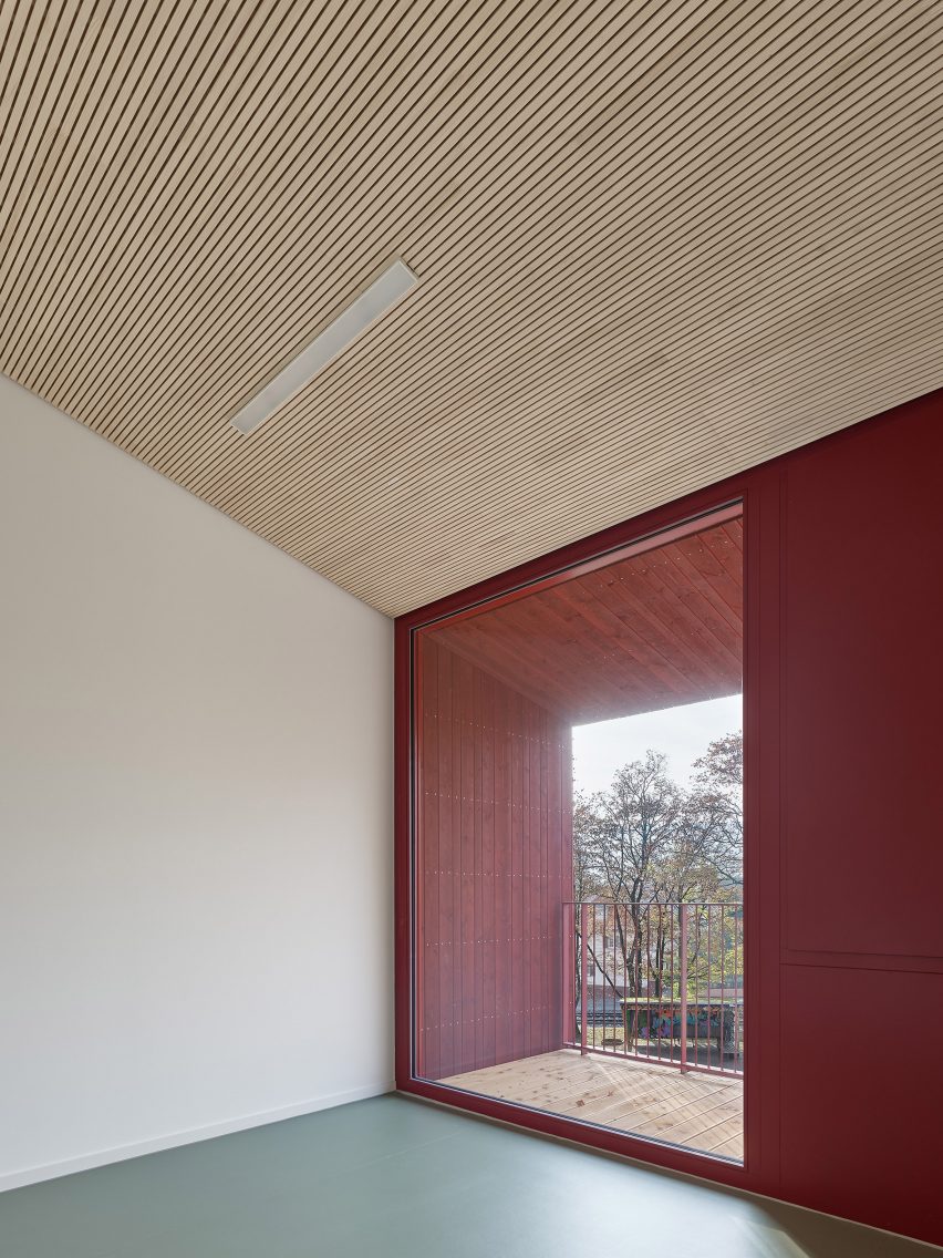 The sloping roof has a wooden finish