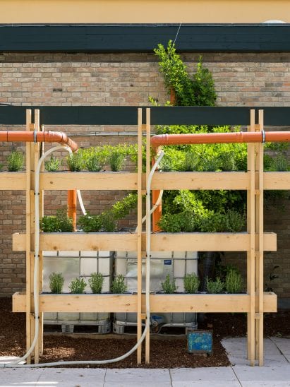 Orange pipes wrap around wooden structures