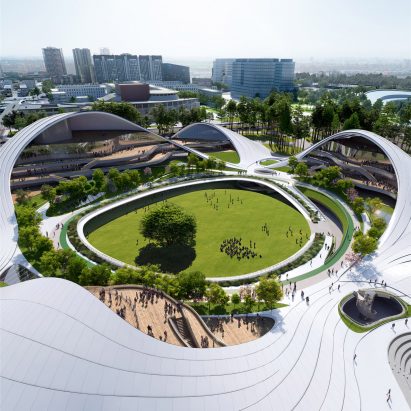 MAD tops Jiaxing Civic Center with roof shaped like a “tarp blown by the wind”