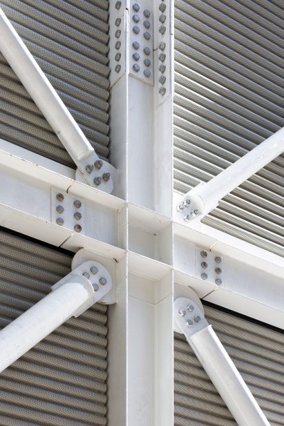 Glass-reinforced concrete facades make up the building