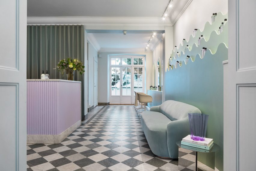 Green-checked marble floor