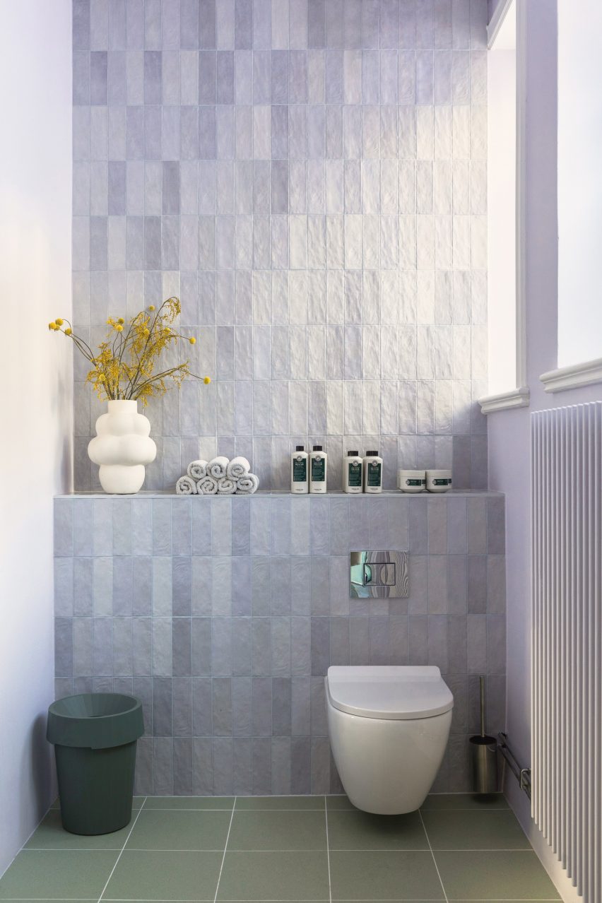 Purple tiled bathroom