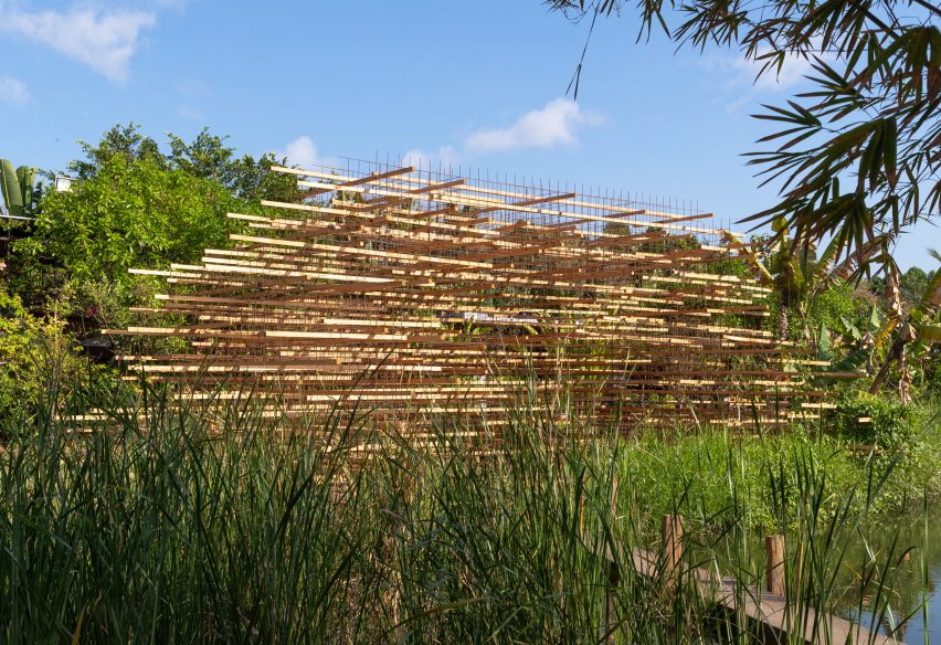 Wooden battens line the pavilion