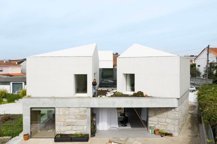 The home has multiple gabled forms