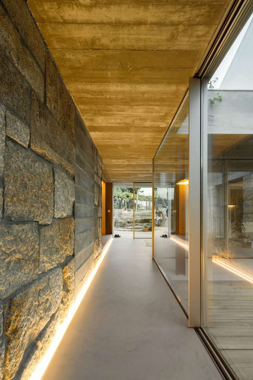 Stone lines the walls of the home