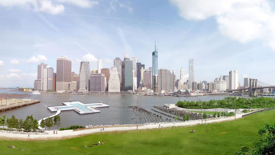 View of the plus-shaped pool in the East River