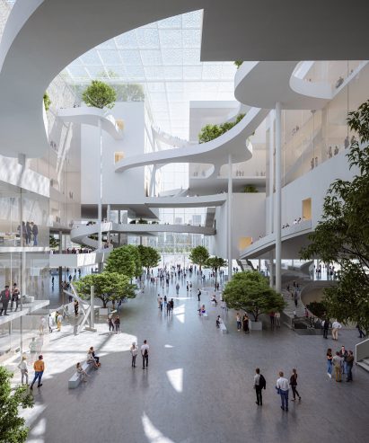 A tree-lined lobby