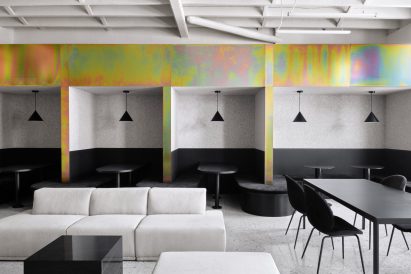 Rainbow-coloured elements feature in the office