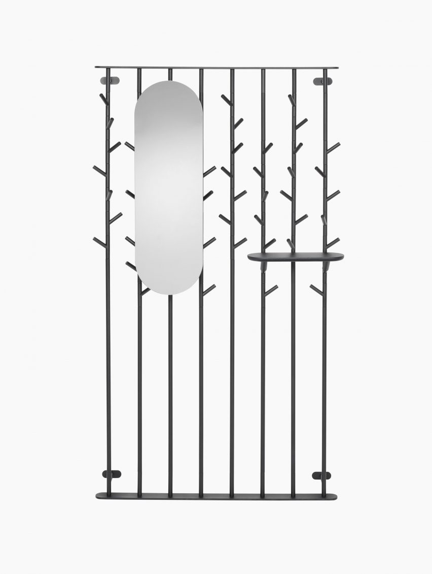 A floor-to-ceiling coat stand with a mirror and shelf