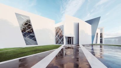 A visual of a museum with white-plaster walls