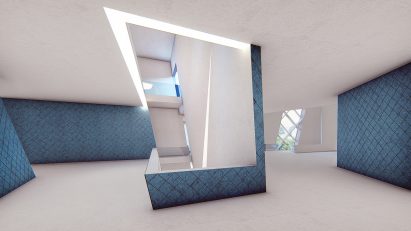A visual of museum interiors lined with blue ceramic tiles