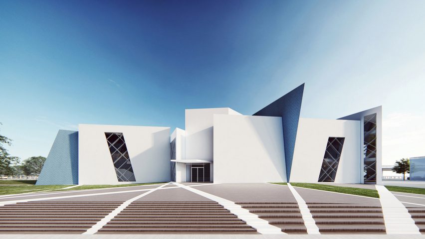 A render of a museum with a white exterior