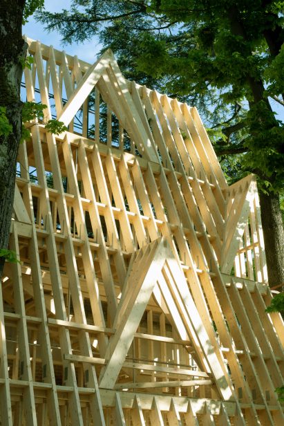 Wood framing shows architecture in progress