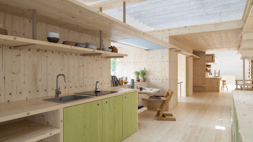 A wooden co-living kitchen