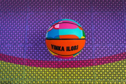 Close-up of Yinka Ilori basketball on 3D printed sports tiles