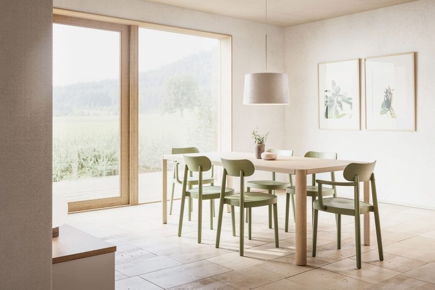 Its rounded legs are joined to the table with metal connectors
