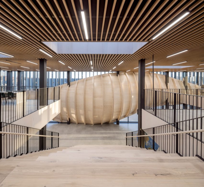 A wooden office staircase