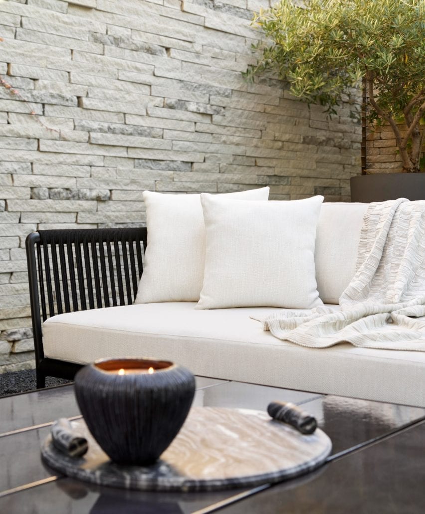 Close up of the sofa's woven rope frame and upholstery