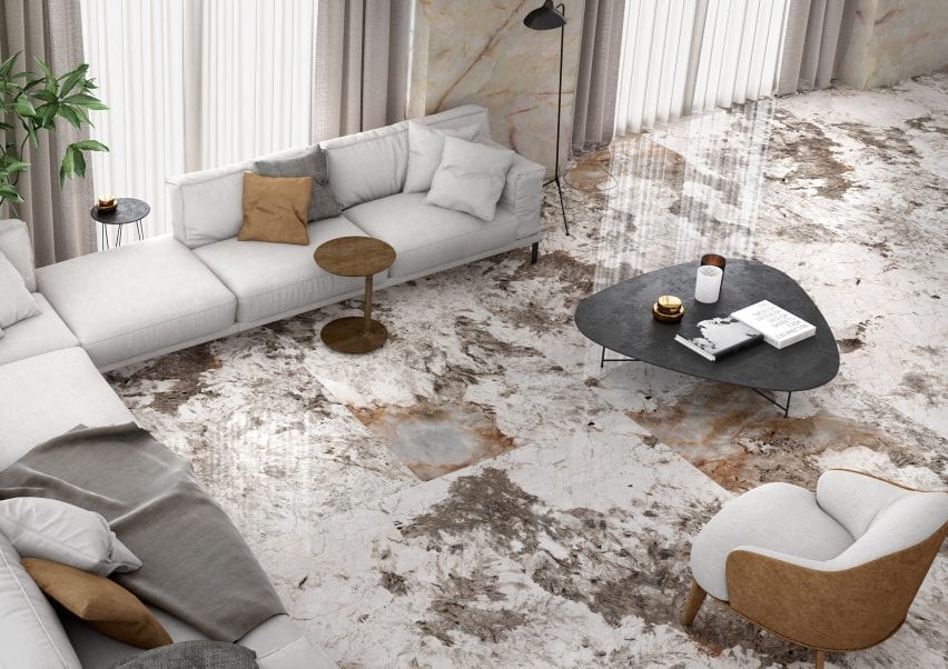 Patagonia porcelain marble-effect tile by Apavisa on a living room floor