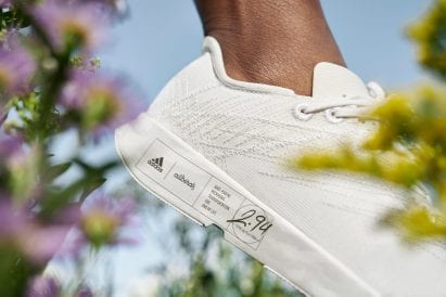 Close-up of carbon footprint label on Futurecraft.Footprint trainer 