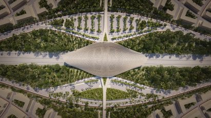 Aerial view render of train station planned for Mexico