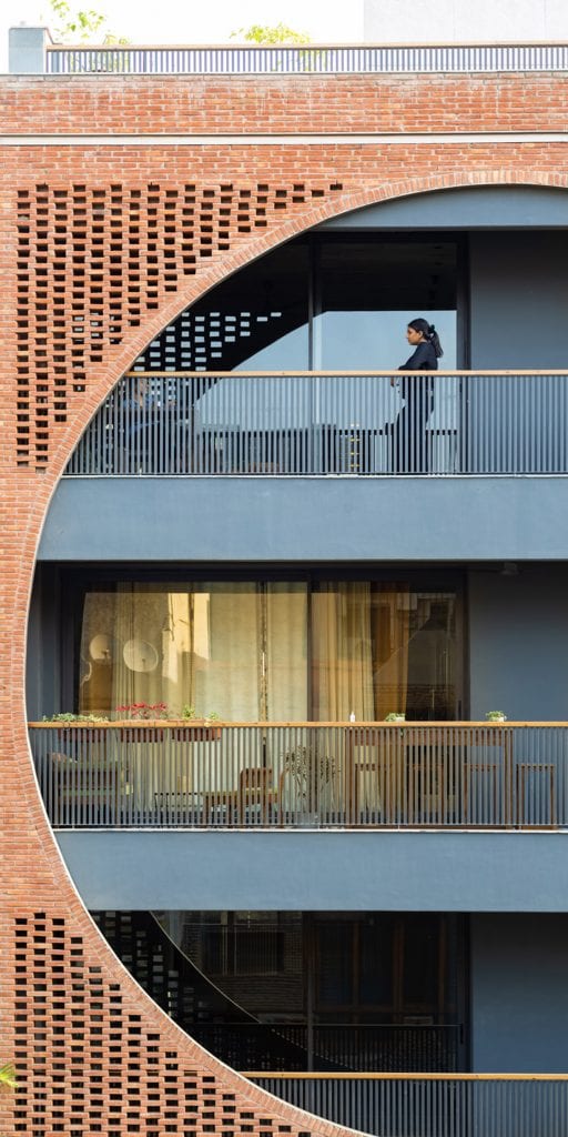 The Safdarjang Residence has a dark grey and brick exterior