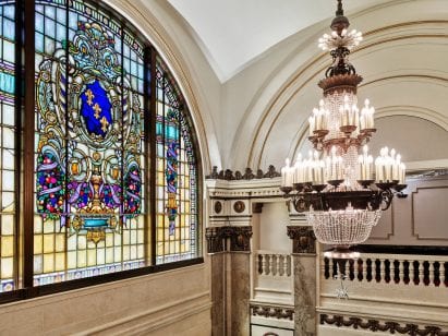 Stained glass window in the Apple Tower Theatre