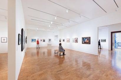 Revamped galleries inside an art museum damaged by a hurricane